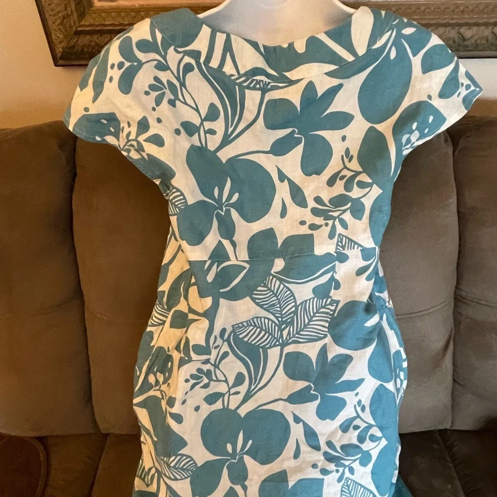 BODEN Women's 100% Linen A-line dress with pockets Blue white Size 4 Vee Neck - Picture 7 of 14